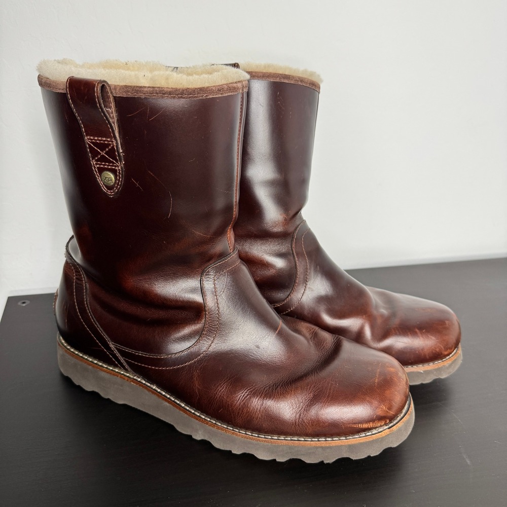 UGG Australia Stoneman Bomber Brown Leather Shearling Vibram Winter Boot 12